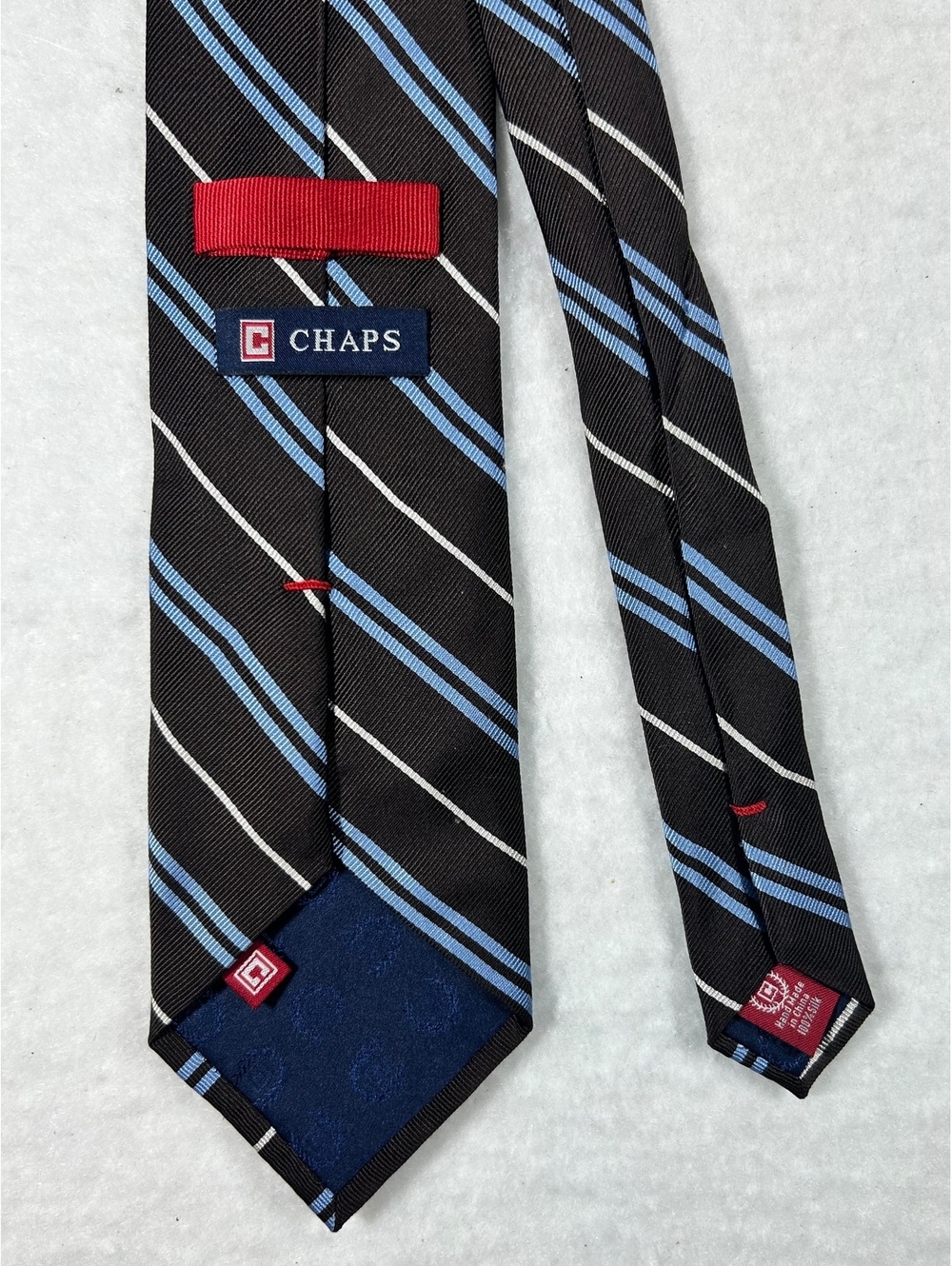 Chaps Handmade Silk Men's Tie Black with Blue and White Stripes